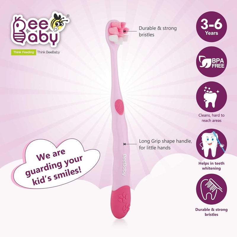 Beebaby Brush Buddy Toothbrush for Kids 3-6 Years, Long Handle for Easy Grip, 10 x Softer Tapered Bristles Ideal for Milk and Permanent Teeth, 100% BPA Free. Yellow & Pink. Pack of 2 - Image 2