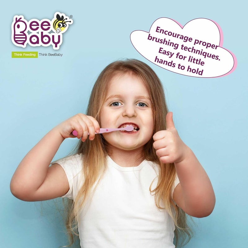 Beebaby Brush Buddy Toothbrush for Kids 3-6 Years, Long Handle for Easy Grip, 10 x Softer Tapered Bristles Ideal for Milk and Permanent Teeth, 100% BPA Free. Yellow & Pink. Pack of 2 - Image 5