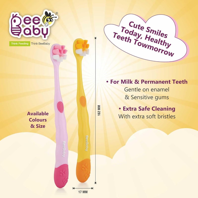Beebaby Brush Buddy Toothbrush for Kids 3-6 Years, Long Handle for Easy Grip, 10 x Softer Tapered Bristles Ideal for Milk and Permanent Teeth, 100% BPA Free. Yellow & Pink. Pack of 2 - Image 3
