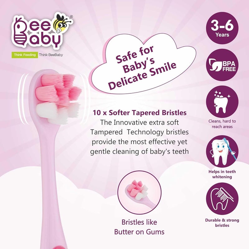 Beebaby Brush Buddy Toothbrush for Kids 3-6 Years, Long Handle for Easy Grip, 10 x Softer Tapered Bristles Ideal for Milk and Permanent Teeth, 100% BPA Free. Yellow & Pink. Pack of 2 - Image 4