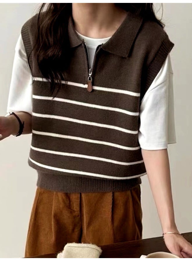 Leyuan Autumn Winter New Polo Collar Half-zip Contrast Stripe Layering Sweater Vest Women's Knit Waistcoat - Image 4