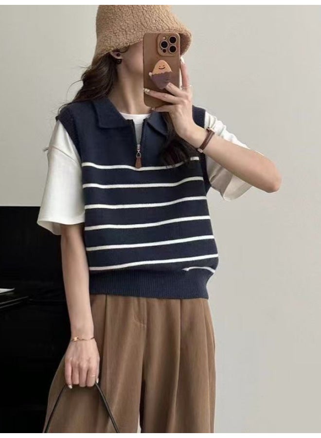 Leyuan Autumn Winter New Polo Collar Half-zip Contrast Stripe Layering Sweater Vest Women's Knit Waistcoat - Image 5