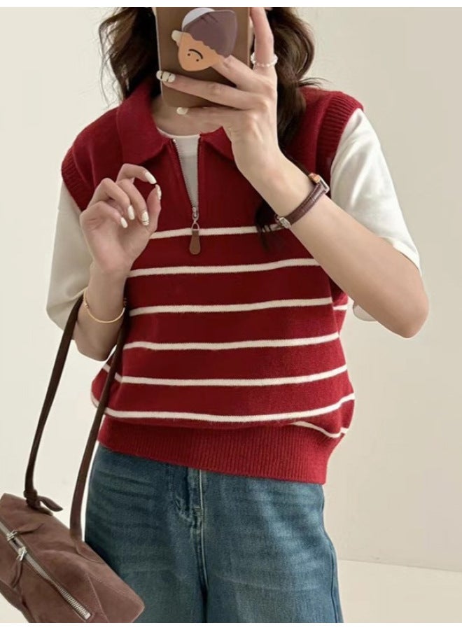 Leyuan Autumn Winter New Polo Collar Half-zip Contrast Stripe Layering Sweater Vest Women's Knit Waistcoat - Image 3