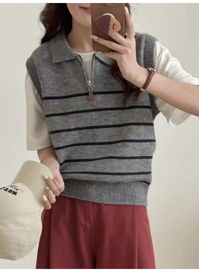 Leyuan Autumn Winter New Polo Collar Half-zip Contrast Stripe Layering Sweater Vest Women's Knit Waistcoat - Image 2