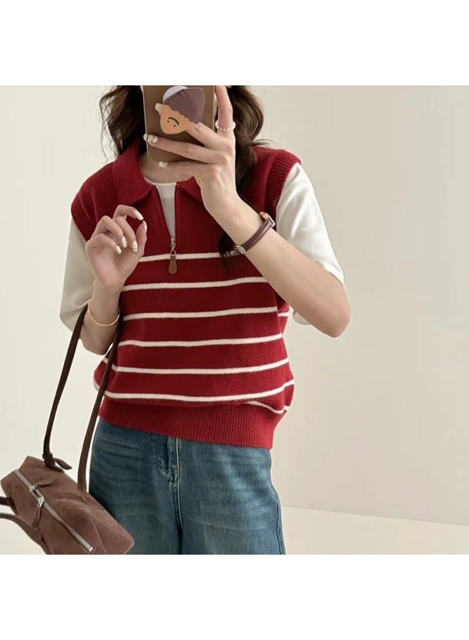 Leyuan Autumn Winter New Polo Collar Half-zip Contrast Stripe Layering Sweater Vest Women's Knit Waistcoat - Image 1
