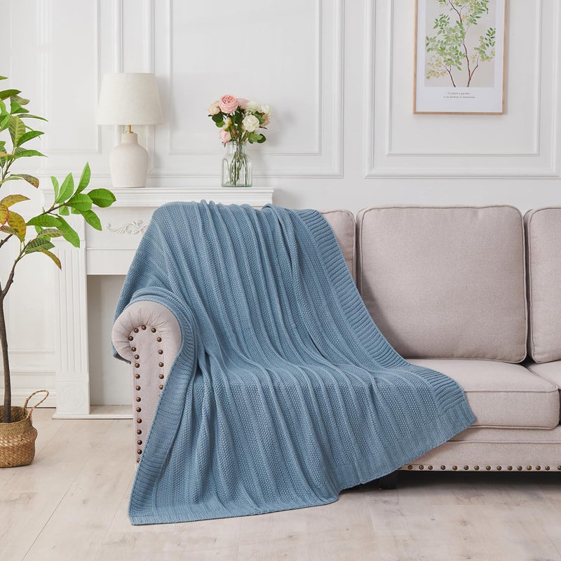 Douceur Blue Throw Blanket for Couch, Soft Cozy Lightweight Stripe Pattern Knitted Throw Blanket for Sofa, Living Room Gift, 50"X60" - Image 4
