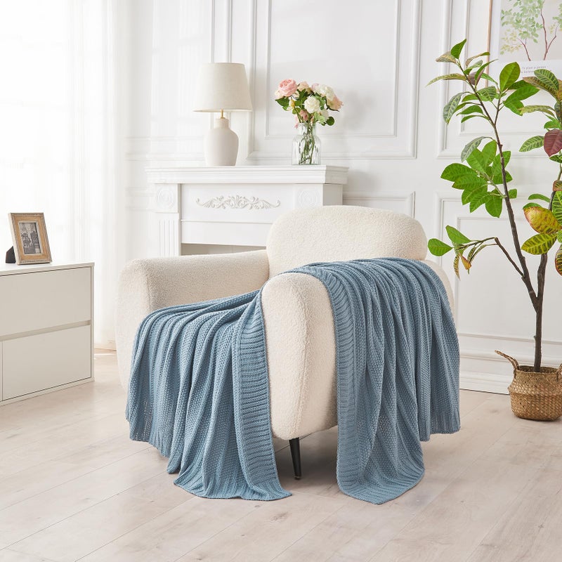 Douceur Blue Throw Blanket for Couch, Soft Cozy Lightweight Stripe Pattern Knitted Throw Blanket for Sofa, Living Room Gift, 50"X60" - Image 2