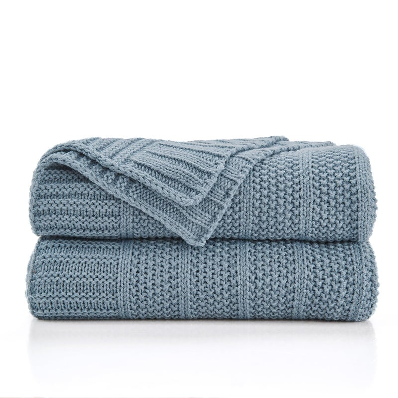 Douceur Blue Throw Blanket for Couch, Soft Cozy Lightweight Stripe Pattern Knitted Throw Blanket for Sofa, Living Room Gift, 50"X60" - Image 1
