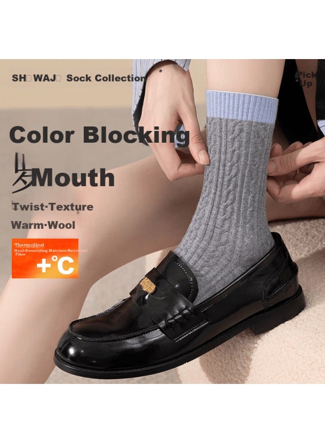 Picking up socks Wa Ji Merino Wool Mid-calf Socks For Women Autumn Winter [contrasting Color Cable Knit] Warm Seamless Comfortable Socks For Birkenstock Shoes - Image 1