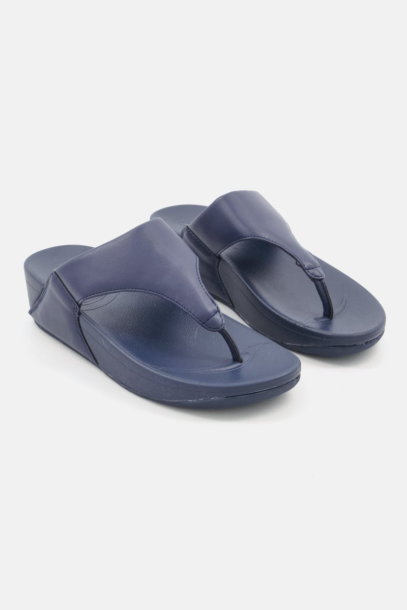 XOXO Women Leather Upper Slip On Casual Slippers, Navy - Image 1