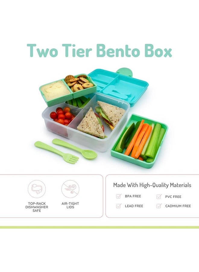 melii Two Tier Bento Lunch Box with Utensils | Leakproof BPA Free Bento for Kids and Adults | Airtight Lids | Dishwasher and Microwave Safe, Blue, Mint & Lime - Image 3