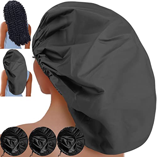 Sheomern 3 Pcs Super Jumbo Adjustable Satin Lined Shower Caps for Long Hair Braids Extra Extra Large Shower Cap for Women Men XXL Shower Cap with Waterproof Edge for Dreadlocks Locs Black - Image 1