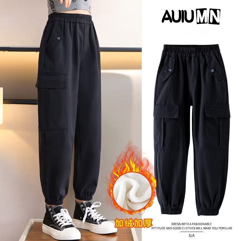 Girls' Fleece-Lined Crane Pants All-Match Children'S Loose Casual Pants Large Children Fleece-Lined Pants - Image 4