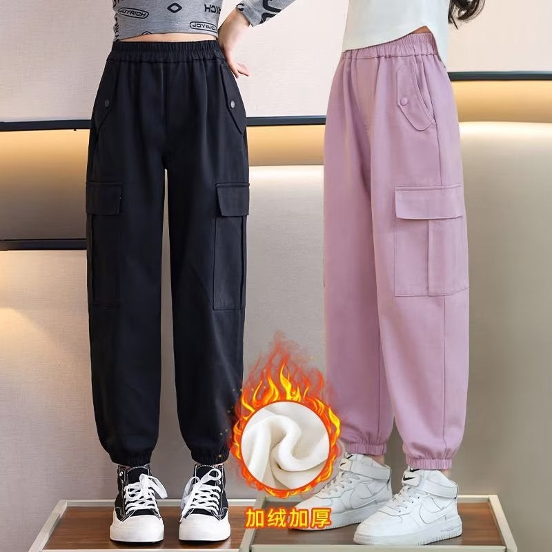 Girls' Fleece-Lined Crane Pants All-Match Children'S Loose Casual Pants Large Children Fleece-Lined Pants - Image 3