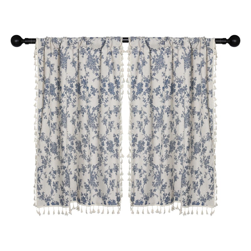 Moslovstar 2 Panels Linen Tassels Curtains Farmhouse Blue Floral Vintage Semi Sheer Window Curtain for Kitchen Bathroom, 26x36in Tiers Curtain - Image 1