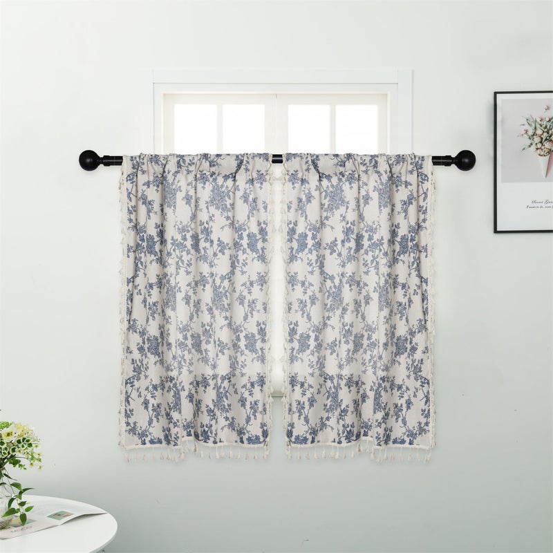 Moslovstar 2 Panels Linen Tassels Curtains Farmhouse Blue Floral Vintage Semi Sheer Window Curtain for Kitchen Bathroom, 26x36in Tiers Curtain - Image 2