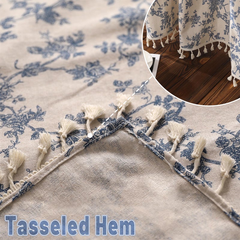 Moslovstar 2 Panels Linen Tassels Curtains Farmhouse Blue Floral Vintage Semi Sheer Window Curtain for Kitchen Bathroom, 26x36in Tiers Curtain - Image 5