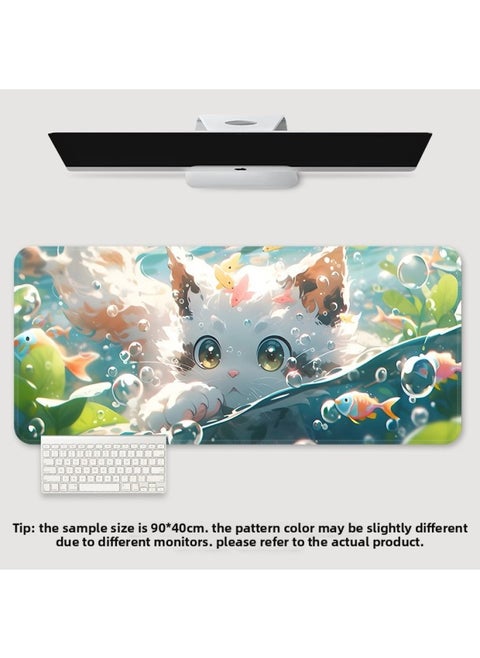 Mouse Pad Oversized Office Cat Girl Cute Cartoon Creative Worker Computer Keyboard Learning Desk Mat-Color:900*400*3-Pattern:TU-495 [cat Goldfish]]