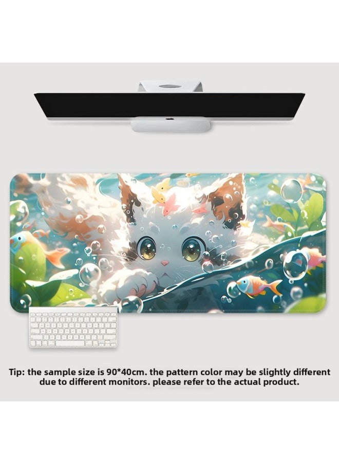 Generic - Mouse Pad Oversized Office Cat Girl Cute Cartoon Creative Worker Computer Keyboard Learning Desk Mat-Color:900*400*3-Pattern:TU-495 [cat Goldfish]] - Image 1