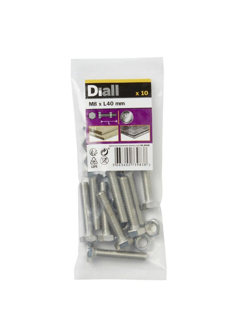 ACE Diall Stainless Steel Hex Nut And Bolt Pack M8 x 40mm 10Pcs 
