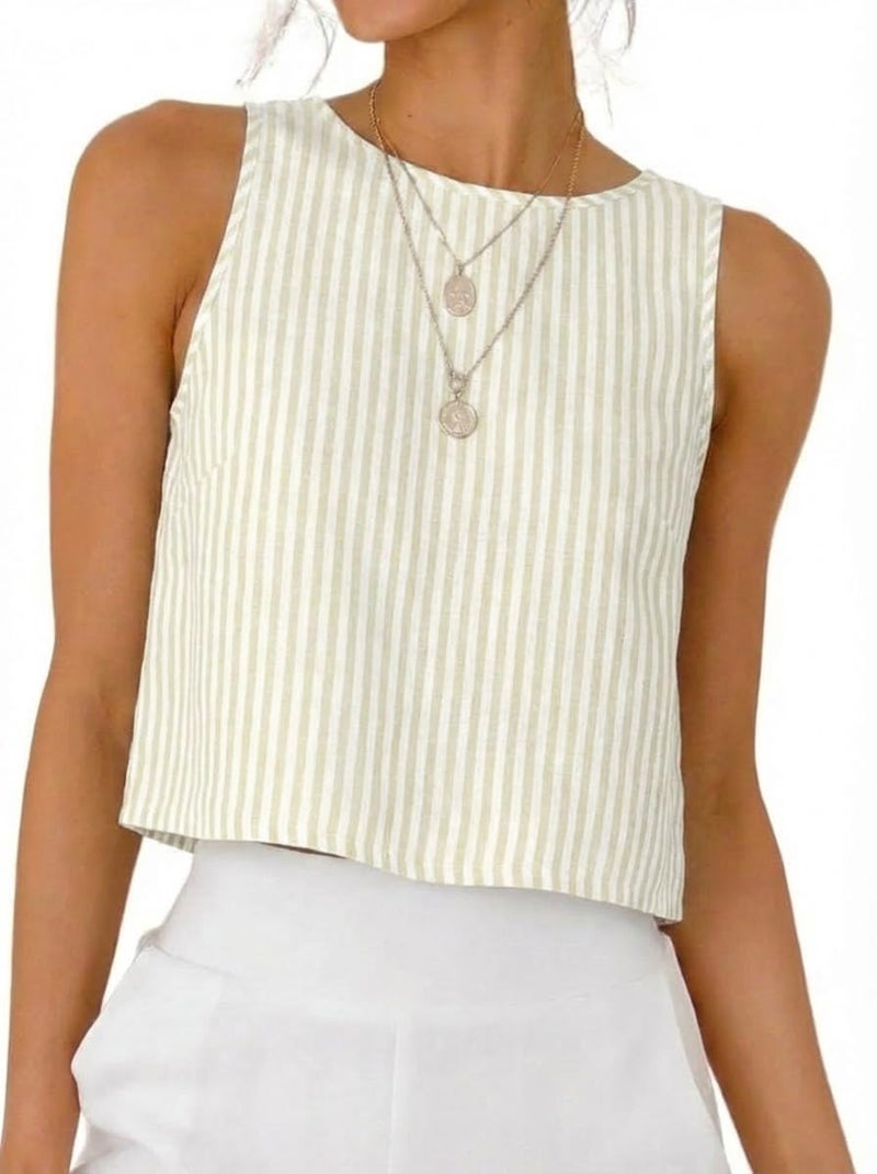 IDEALSANXUN Striped Tank Top for Women 2026 Cotton Linen Cute Crop Spring Summer Tops Sleeveless Shirts Blouses Beach Vacation Clothes, Striped Beige, M - Image 1