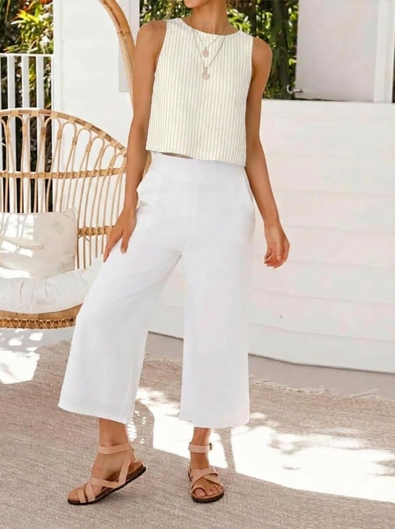 IDEALSANXUN Striped Tank Top for Women 2026 Cotton Linen Cute Crop Spring Summer Tops Sleeveless Shirts Blouses Beach Vacation Clothes, Striped Beige, M - Image 3