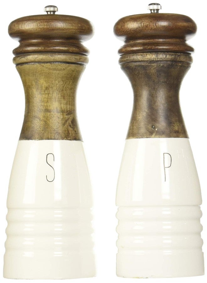 Mud Pie Farmhouse Wood and Enamel Mills Salt and Pepper Set, 10 1/2" x 3" dia, White, Brown - Image 1