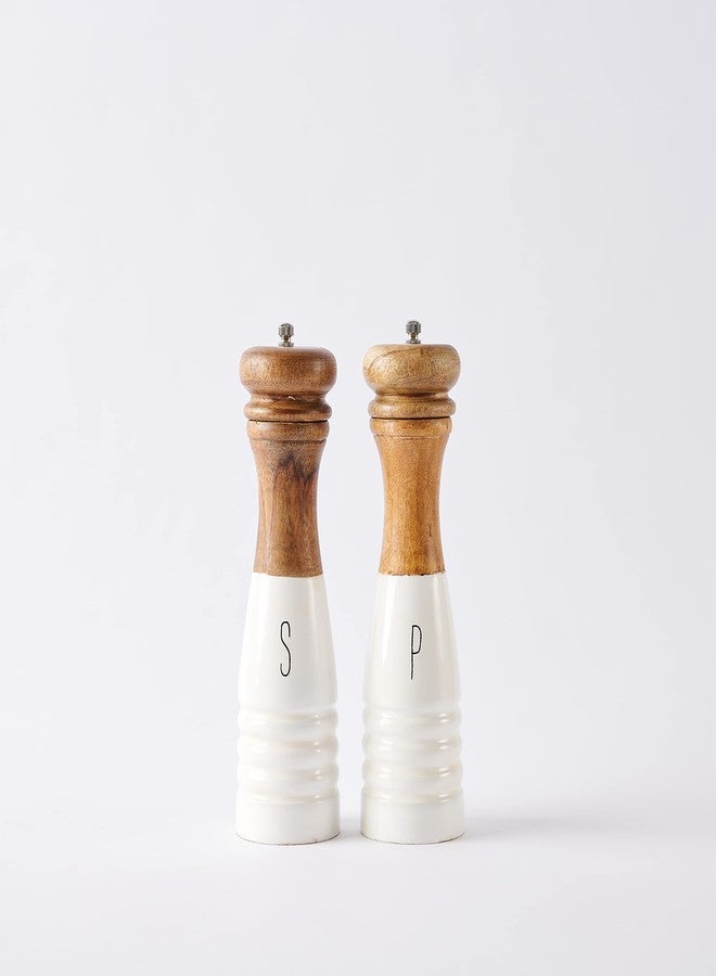 Mud Pie Farmhouse Wood and Enamel Mills Salt and Pepper Set, 10 1/2" x 3" dia, White, Brown - Image 4