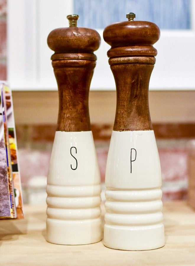 Mud Pie Farmhouse Wood and Enamel Mills Salt and Pepper Set, 10 1/2" x 3" dia, White, Brown - Image 2