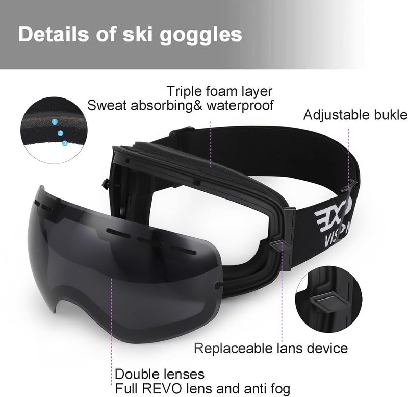 EXP VISION Snowboard Ski Goggles Men Women Youth, Anti Fog OTG Winter Snow Goggles Spherical Detachable Lens - Image 5