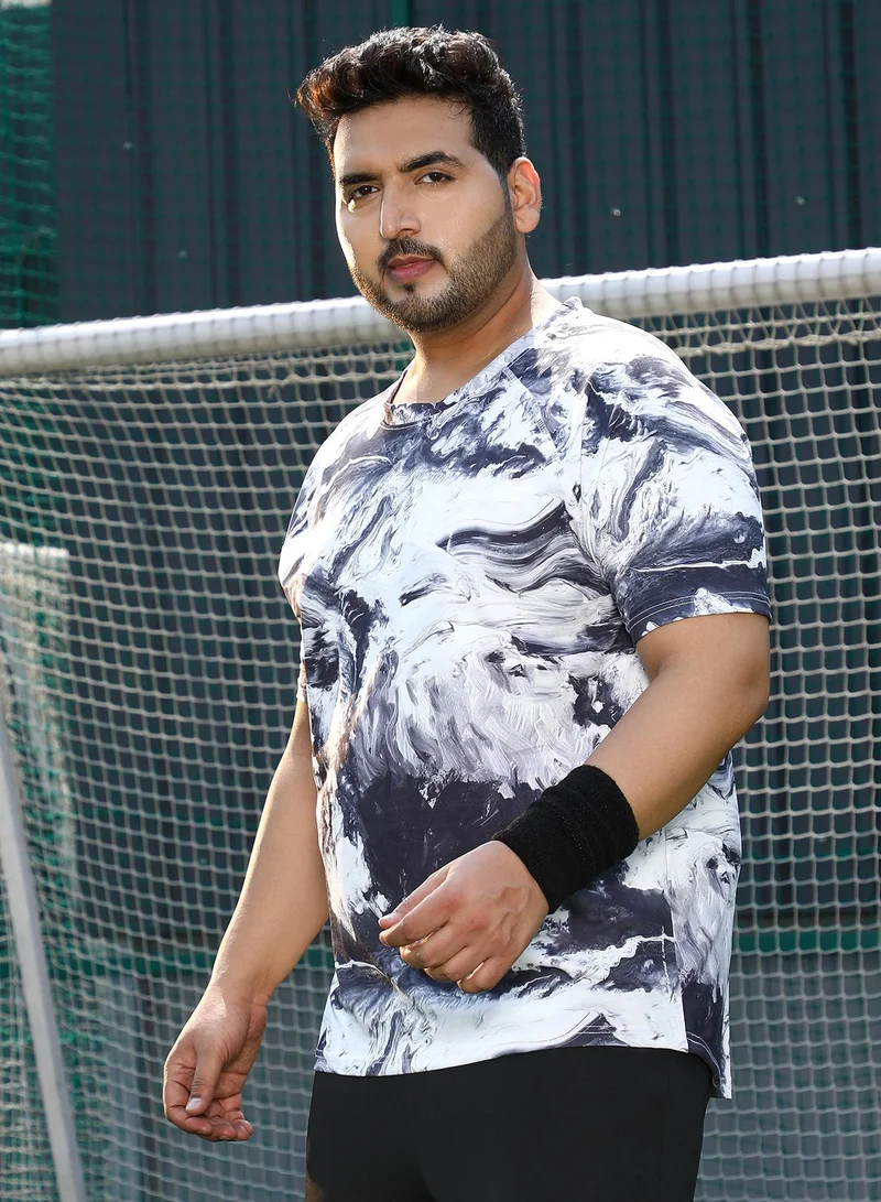 Instafab Plus Instafab Plus Men's Charcoal Black & Cream White Contrast-Brushed Activewear T-Shirt For Casual Wear | Crew Neck | Short Sleeves | Plus Size Jersey T-Shirt Crafted With Comfort Fit For Everyday Wear