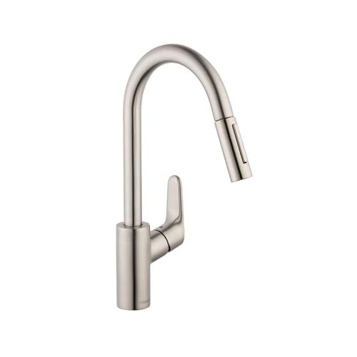 Hansgrohe هانسغروهي فوكس من الستانلس ستيل مع قوس عالي لحوض المطبخ، صنابير المطبخ مع رذاذ قابل للسحب، صنبور لحوض المطبخ، رأس رذاذ مغناطيسي، أوبتيك 04505800 من الستانلس ستيل، 1.75 - Image 1