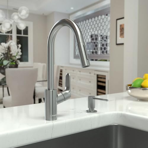 Hansgrohe هانسغروهي فوكس من الستانلس ستيل مع قوس عالي لحوض المطبخ، صنابير المطبخ مع رذاذ قابل للسحب، صنبور لحوض المطبخ، رأس رذاذ مغناطيسي، أوبتيك 04505800 من الستانلس ستيل، 1.75 - Image 2