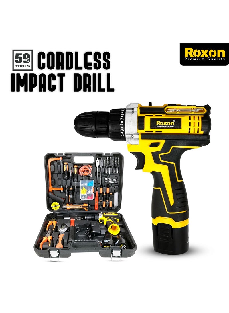 Roxon ROXON Premium Quality Cordless Impact Drill Li-ion Battery 12V, 1300mAh, 220-240V, 50-60Hz with 59 pcs Tools Box - RX12VCD  - Image 1