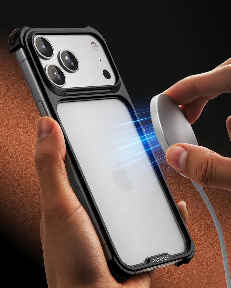 OATSBASF for iPhone 17 Pro Max Bumper Case, Metal Aluminum Frameless Slim, No Back Design Compatible with MagSafe, Shockproof Phone Case 6.9 inch, Black - Image 4