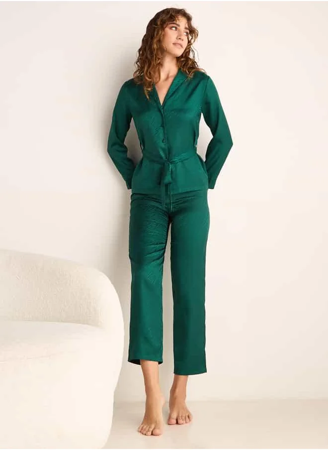 فاف Textured Jacquard Satin Shirt with Belt and Pyjama Set