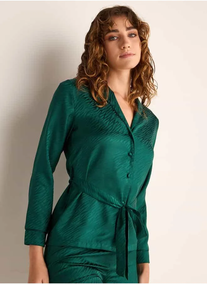 فاف Textured Jacquard Satin Shirt with Belt and Pyjama Set