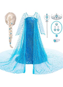 G.C Girls Elsa Frozen Dress Costume Princess Dress Up Clothes With Long Cape Kids Toddler Wig Crown Wand Jewelry Necklace Accessories Halloween Cosplay Birthday Party Supplies  - Image 2