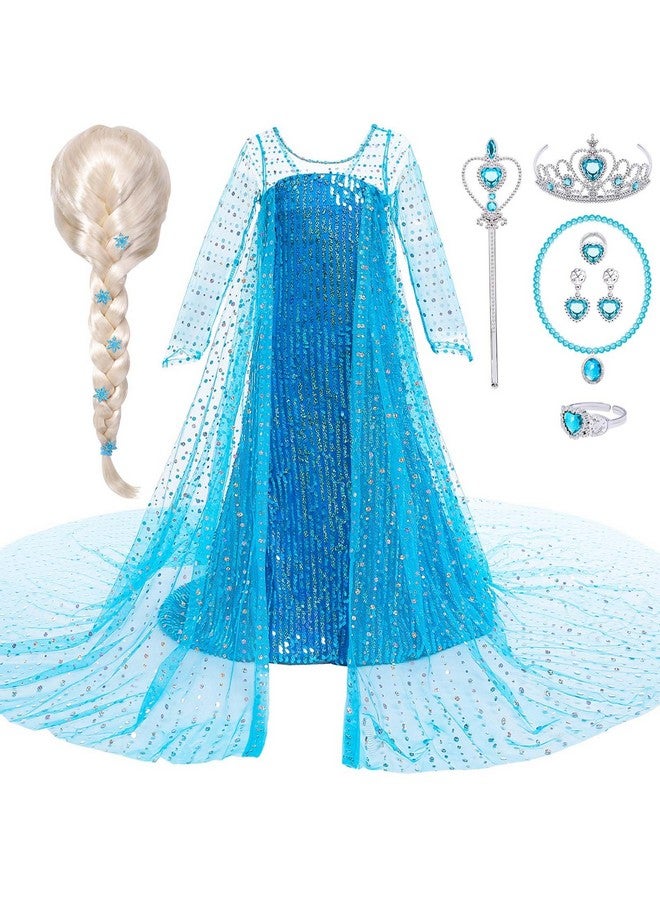 G.C Girls Elsa Frozen Dress Costume Princess Dress Up Clothes With Long Cape Kids Toddler Wig Crown Wand Jewelry Necklace Accessories Halloween Cosplay Birthday Party Supplies  - Image 2