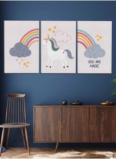 LOWHA Set Of 3 Framed Canvas Wall Arts Stretched Over Wooden Frame, Abstract Kids Cute Paintings, For Home, Living Room, Office Decor  - Image 1