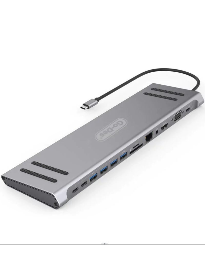 GO-DES 14 In 1 USB C Type-c Hubs Docking Station Silver - Image 1