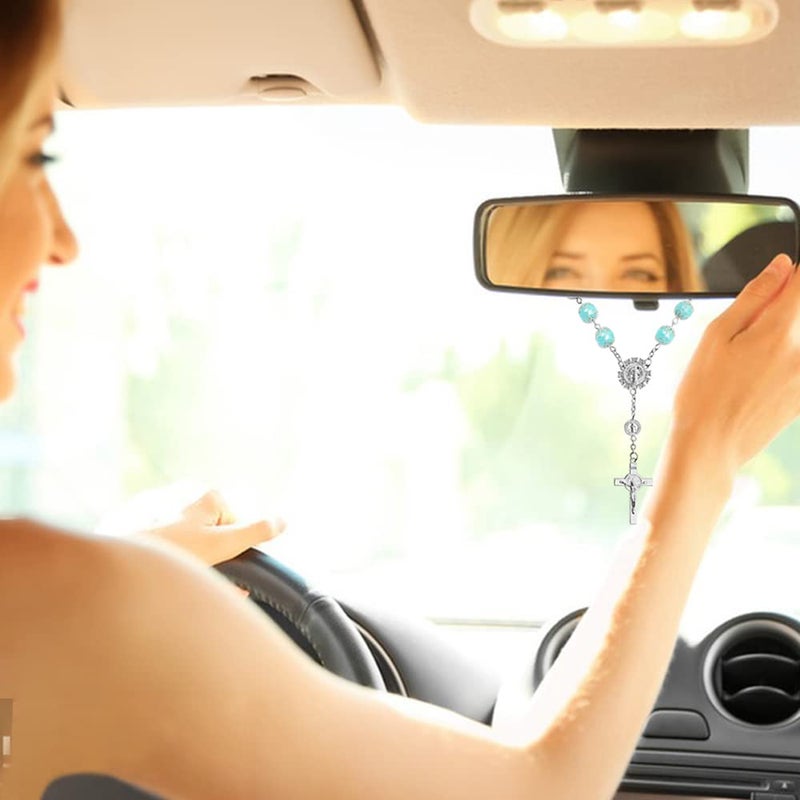 FineGood 4 Pcs Rosary Beads Catholic, FineGood Cross Car Mirror Hanging Accessories for Women Blessing Rear View Mirror Pendant Car Decor Interior - Image 2