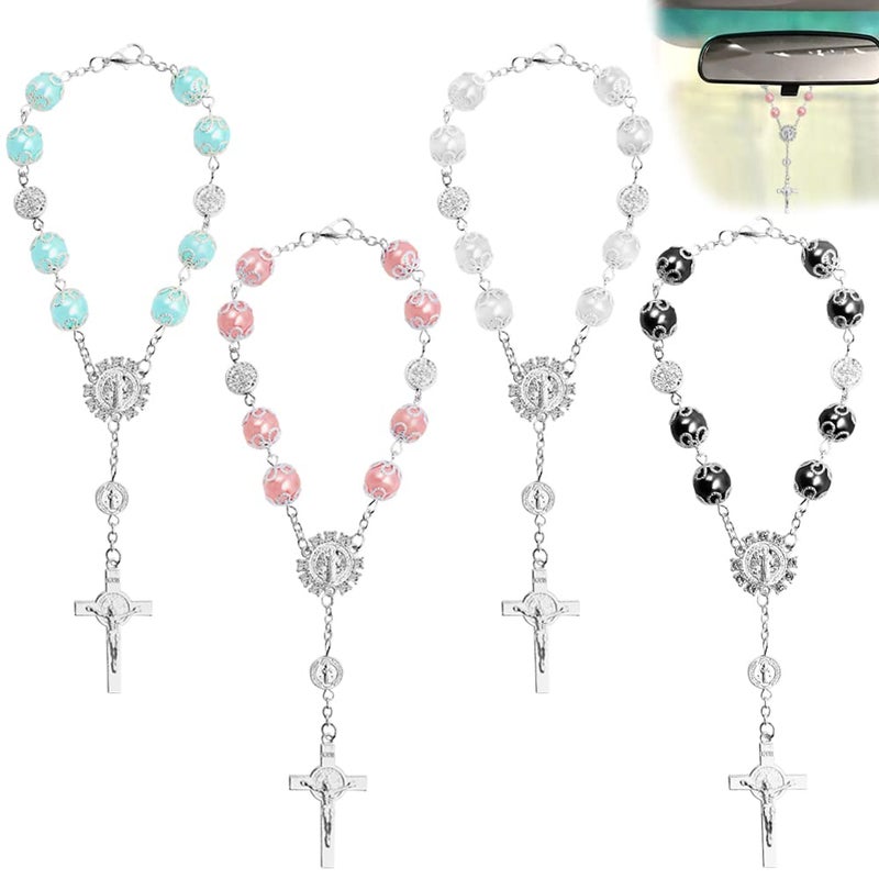 FineGood 4 Pcs Rosary Beads Catholic, FineGood Cross Car Mirror Hanging Accessories for Women Blessing Rear View Mirror Pendant Car Decor Interior - Image 1