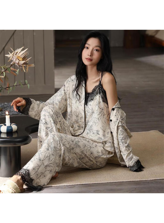 Gujin Pure Cotton Three-piece Set Women's Spring And Autumn Long Sleeve Long Pants Camisole High-end Homewear Outerwear Set - Image 1