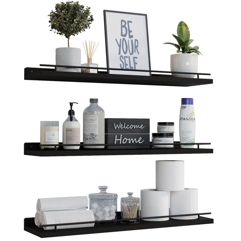 WOPITUES Floating Shelves 24 inch with Gold Metal Guardrail, Shelves for Wall Decor Set of 3, Wall Shelves for Bedroom, Bathroom, Kitchen, Living Room, Plants, Picture Frames, Art- Black - Image 1