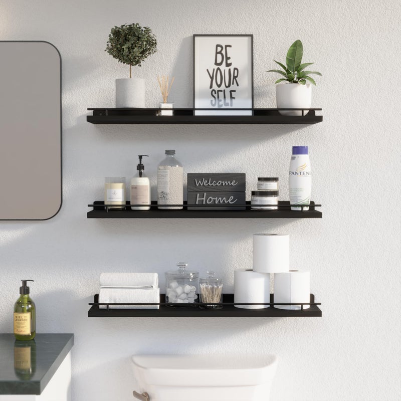 WOPITUES Floating Shelves 24 inch with Gold Metal Guardrail, Shelves for Wall Decor Set of 3, Wall Shelves for Bedroom, Bathroom, Kitchen, Living Room, Plants, Picture Frames, Art- Black - Image 3