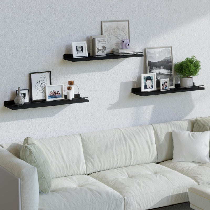 WOPITUES Floating Shelves 24 inch with Gold Metal Guardrail, Shelves for Wall Decor Set of 3, Wall Shelves for Bedroom, Bathroom, Kitchen, Living Room, Plants, Picture Frames, Art- Black - Image 5