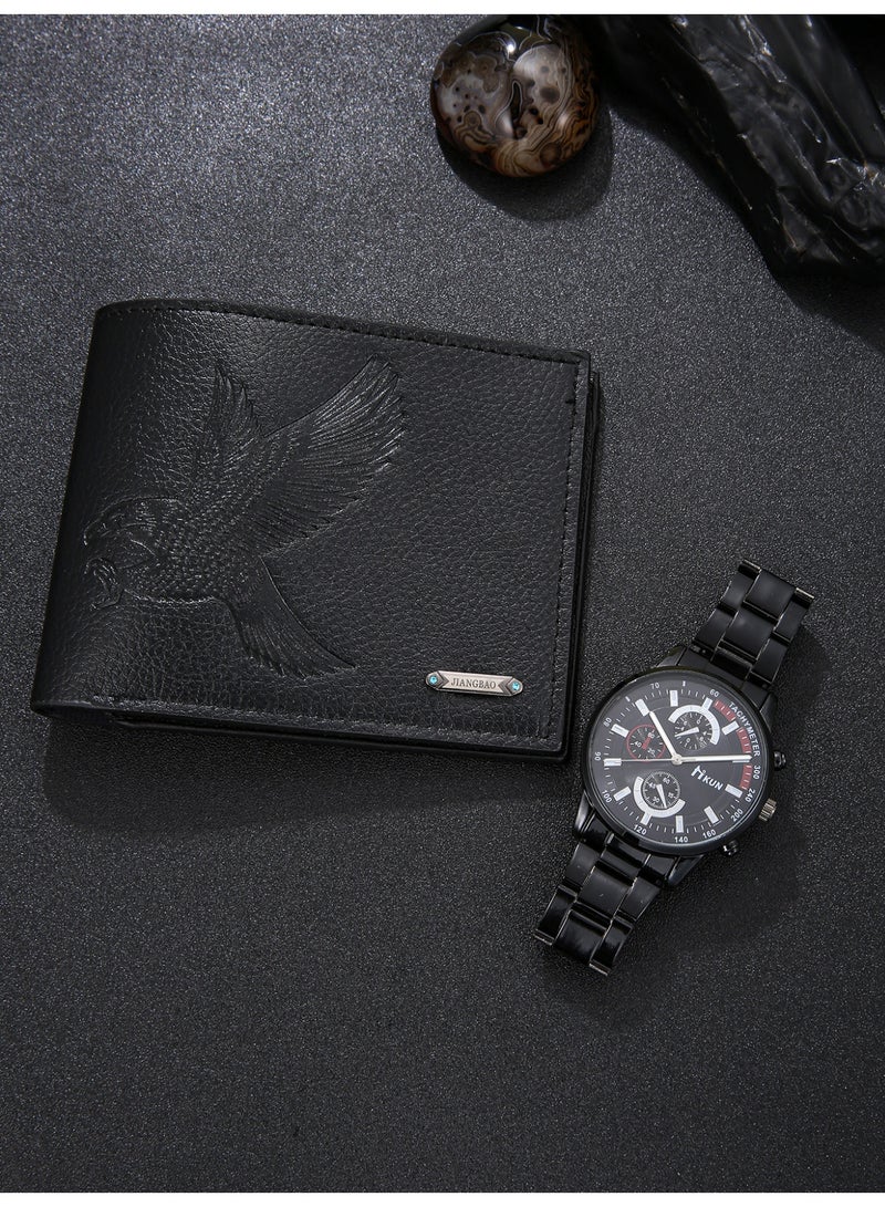 2 قطعة عمل رجل أسود ساعة مجموعة , سبيكة يد عرض رجل ساعة مع محفظة سوداء , مناسبة لأنّ ه مثاليّ عيد ميلاد ومهرجان هبة - Image 2