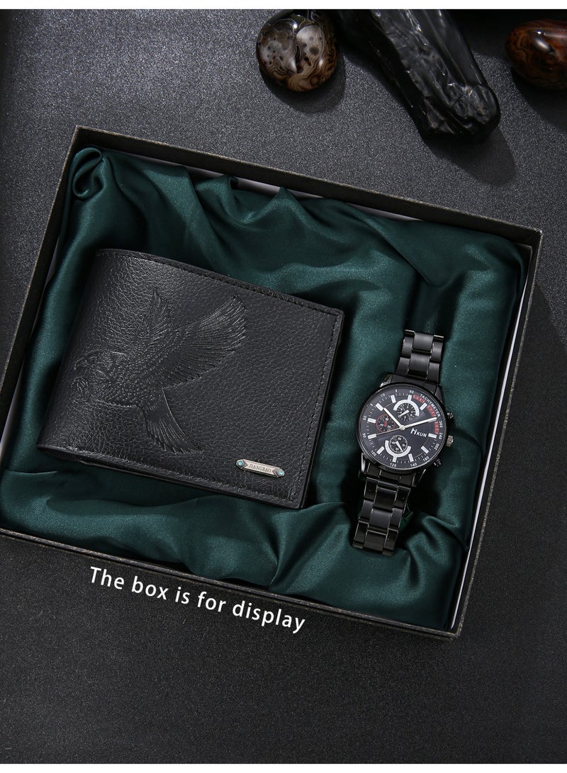 2 قطعة عمل رجل أسود ساعة مجموعة , سبيكة يد عرض رجل ساعة مع محفظة سوداء , مناسبة لأنّ ه مثاليّ عيد ميلاد ومهرجان هبة - Image 1