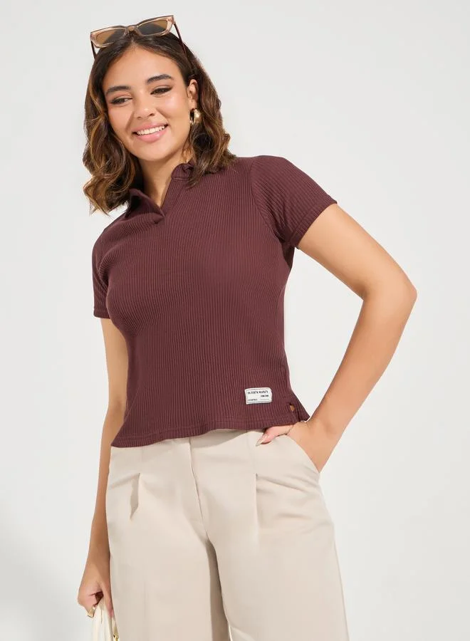 Styli Styli Regular Fit Ribbed Polo T-Shirt with Side Slit